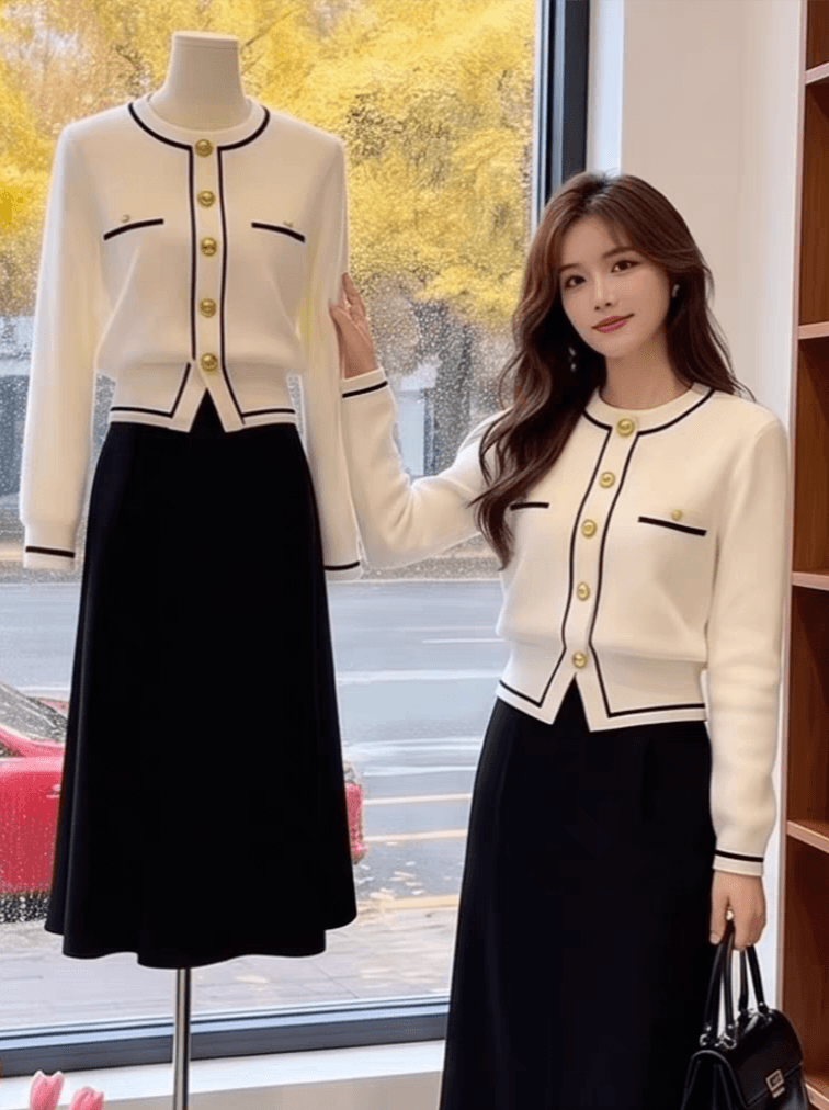 높음 물품 보존 추천 섹션 프랑스식 품격 작은 샤넬 스타일 배색 측면 니트 오픈 가디건 스웨터 여성 코트 가을 겨울철 상세 이미지 2