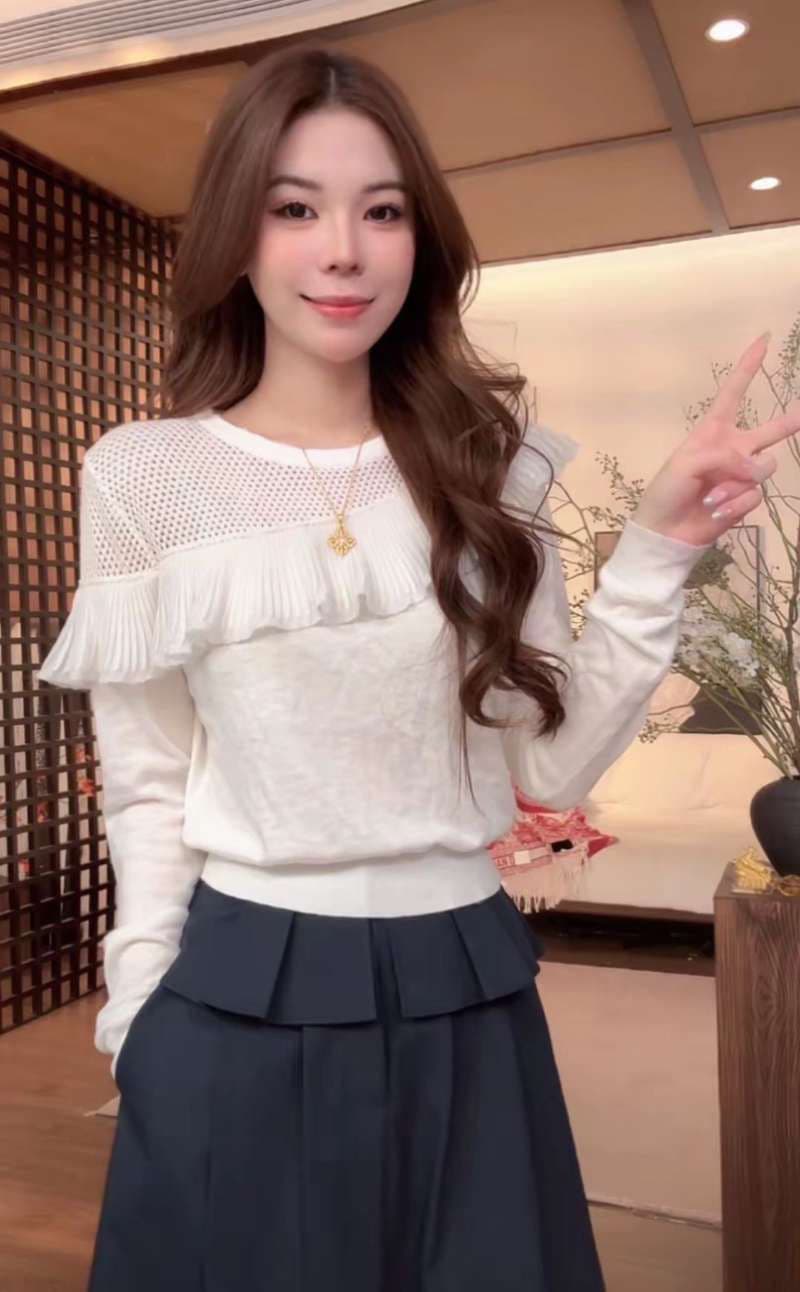 프릴 홀로우 아웃 화이트 긴팔 니트 스웨터 여성 2026 조기 가을 새로운 Chic 연령 감소 품격 만나는 맨위 상세 이미지 7