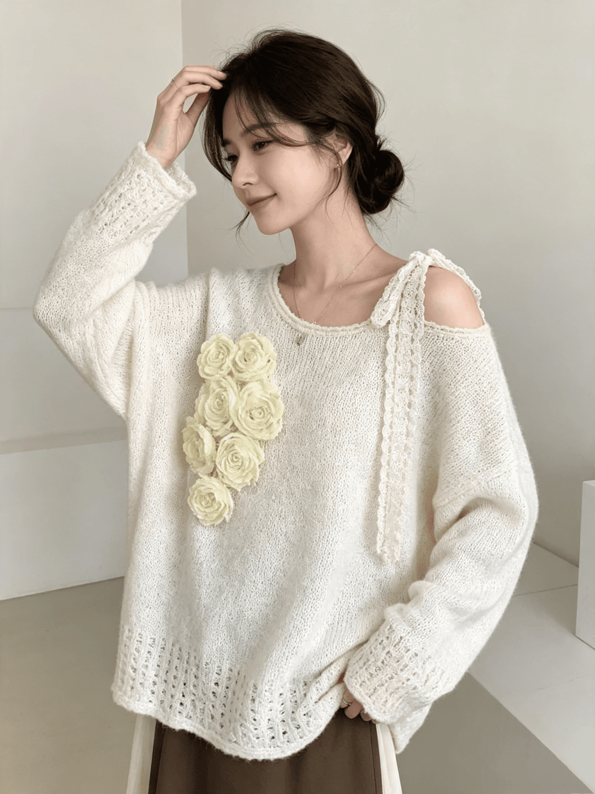 프랑스식 우아함 오프숄더 레이스업 무거운 작업 꽃 풀오버 니트 스웨터 달콤함 품격 다용도 스웨터 여자 이미지 2