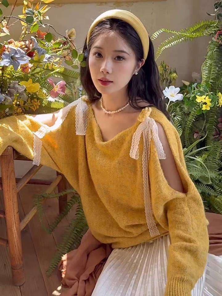 레이스 나비 매듭 오프숄더 부드러운 찹쌀 스웨터 여자 가을 겨울 새로운 한 부서 느긋한 바람 니트 스웨터 루즈핏 맨위 이미지 2