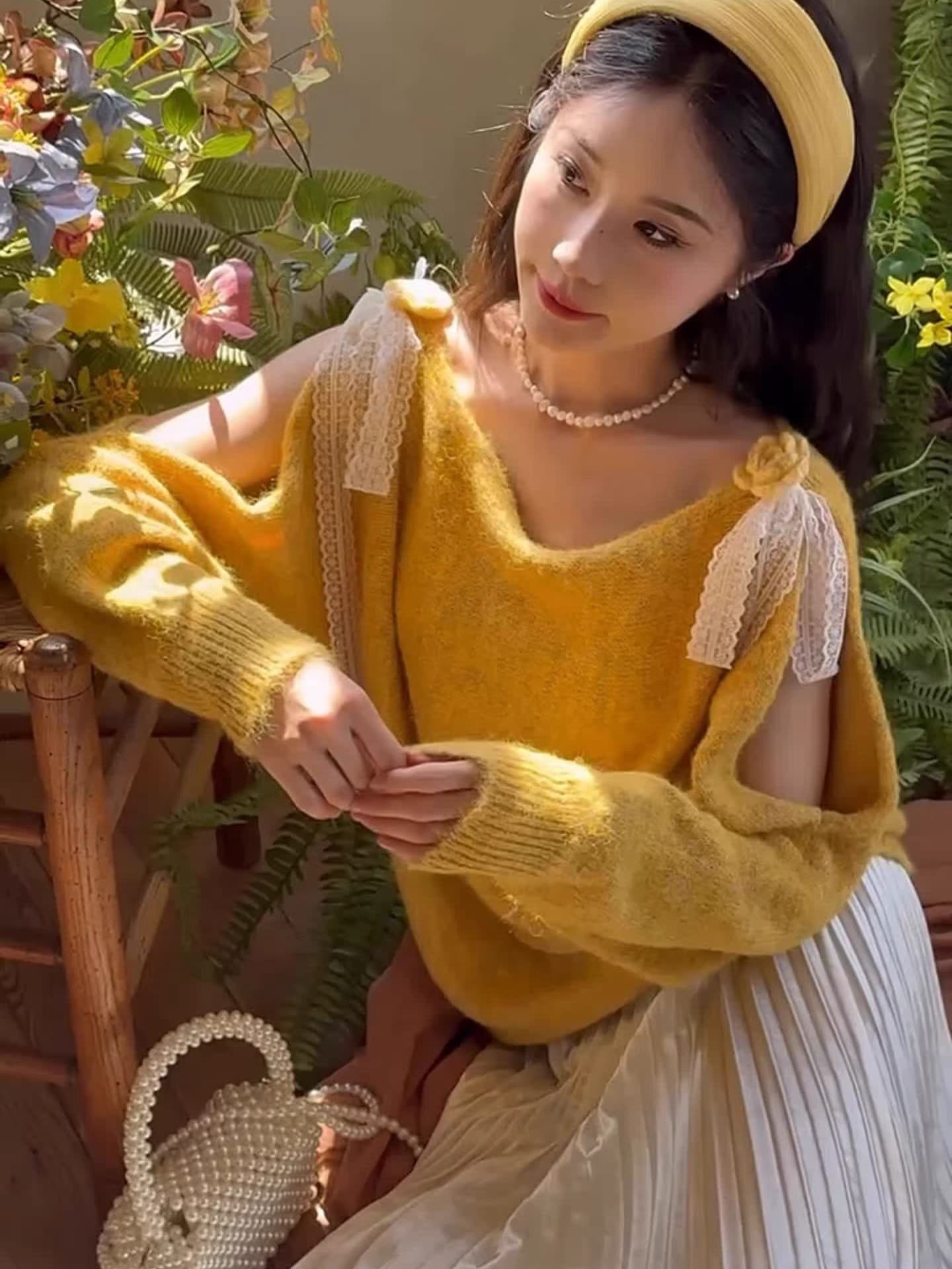 레이스 나비 매듭 오프숄더 부드러운 찹쌀 스웨터 여자 가을 겨울 새로운 한 부서 느긋한 바람 니트 스웨터 루즈핏 맨위 상세 이미지 2