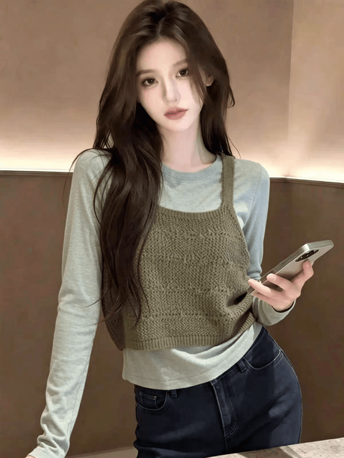 2026 가을 한 부서 홀로우 아웃 니트 캐미솔 가을 스택 착용 투피스 세트 외국 가스 외출용 기본 셔츠 켜기 상세 이미지 4