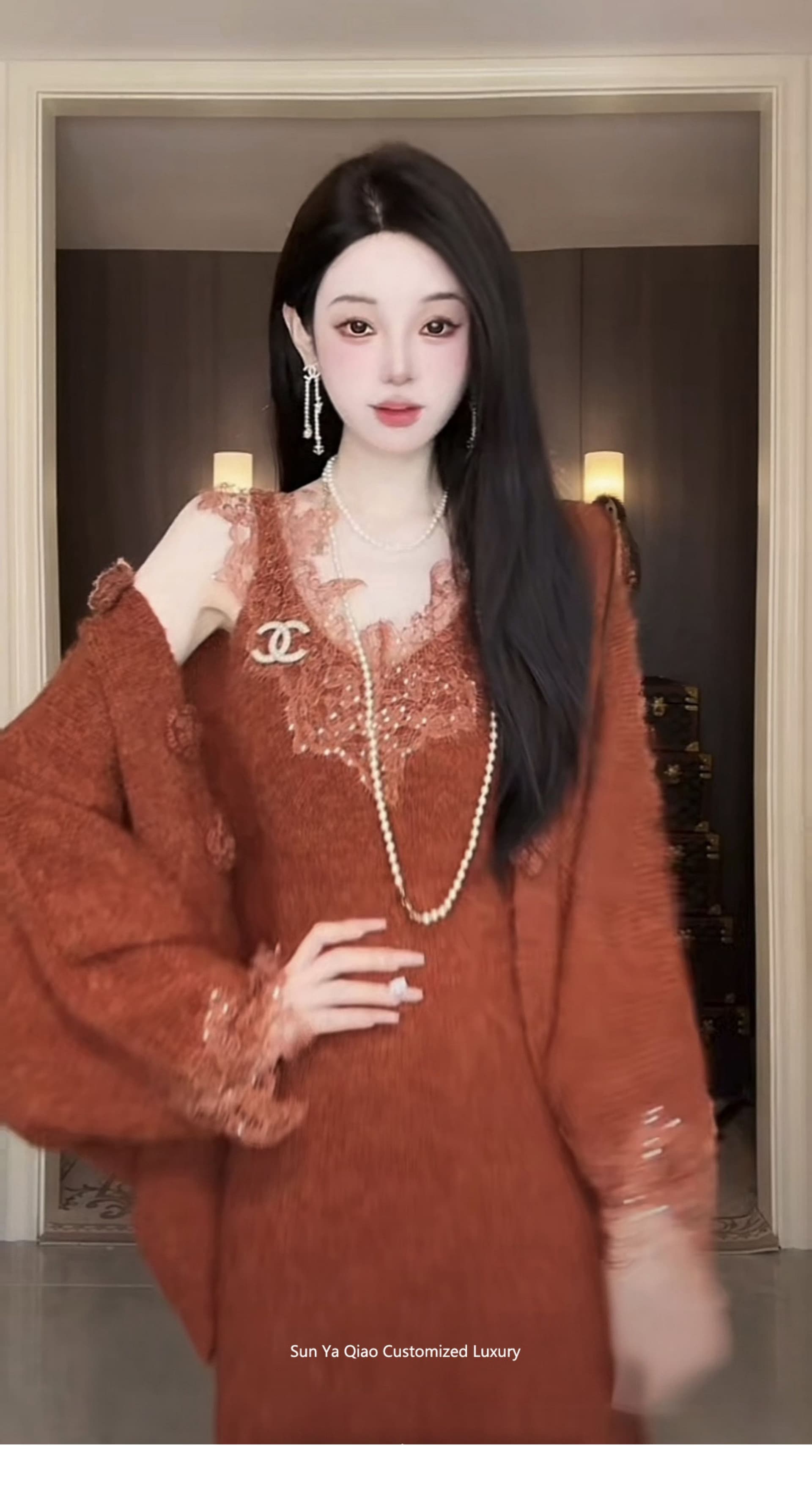 sun 우아한 조 토론토 가을 겨울 4 가지 색상 V넥 니트 원피스 느긋한 스웨터 투피스 슈트 여성 이미지 3