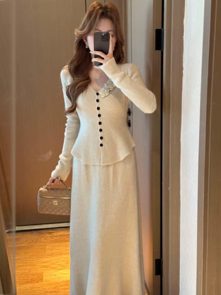 한 부서 부드러운 바람 V넥 3 차원 꽃 니트 반신 치마 세트 여성 가을 겨울 작은 샤넬 스타일 스웨터 드레스 투피스 세트 상세 이미지 4