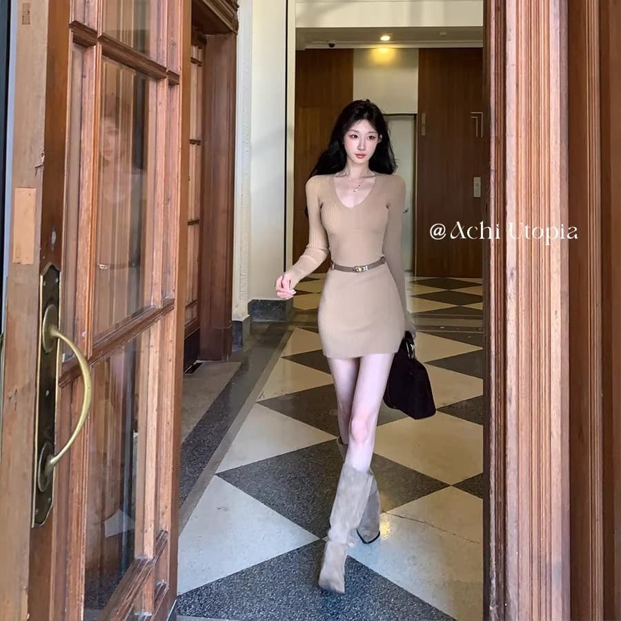 achi 대 또한 수영장 화이트 V넥 허리 수축 슬림해 보이는 니트 여성 드레스 품격 몸매 가꾸기 미니 스커트 만나는 타이트 스커트 이미지 2