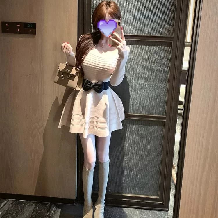프랑스식 명문 여성 바람 u 칼라 나비 매듭 니트 여성 드레스 가을 허리 수축 슬림해 보이는 퍼프 미니 스커트 벨트 포함 이미지 4