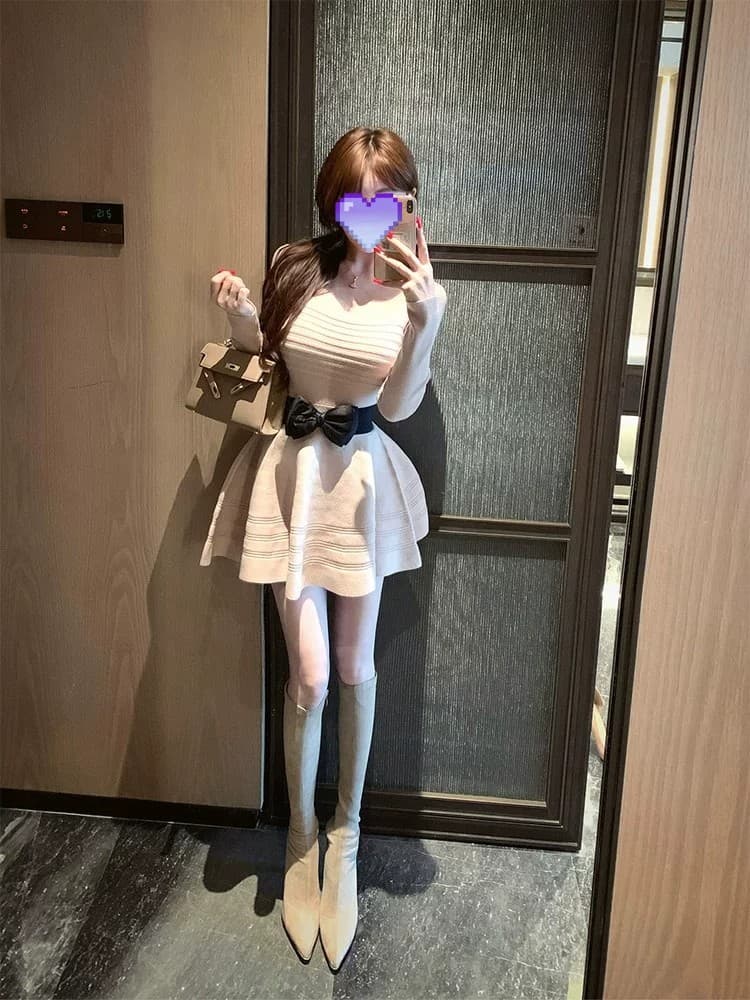 프랑스식 명문 여성 바람 u 칼라 나비 매듭 니트 여성 드레스 가을 허리 수축 슬림해 보이는 퍼프 미니 스커트 벨트 포함 상세 이미지 10