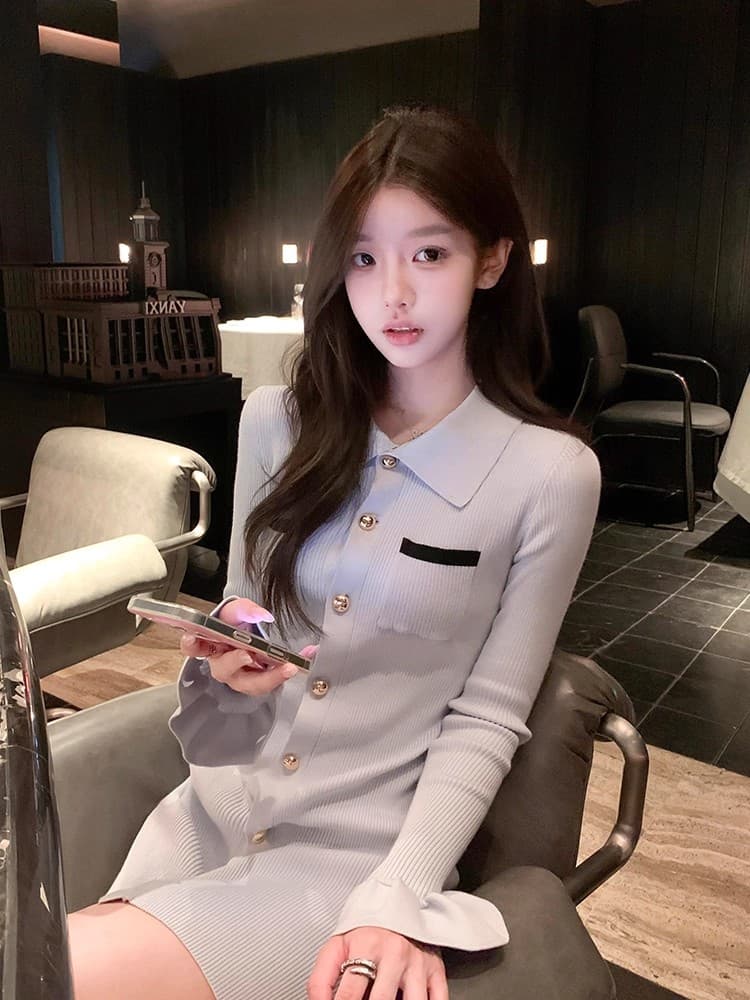프랑스식 파란색 POLO 칼라 긴팔 니트 여성 드레스 조기 가을 장쑤 저장 및 상하이 천 골드 착용 가져 가라. 타이트 스커트 짧은 치마 이미지 4