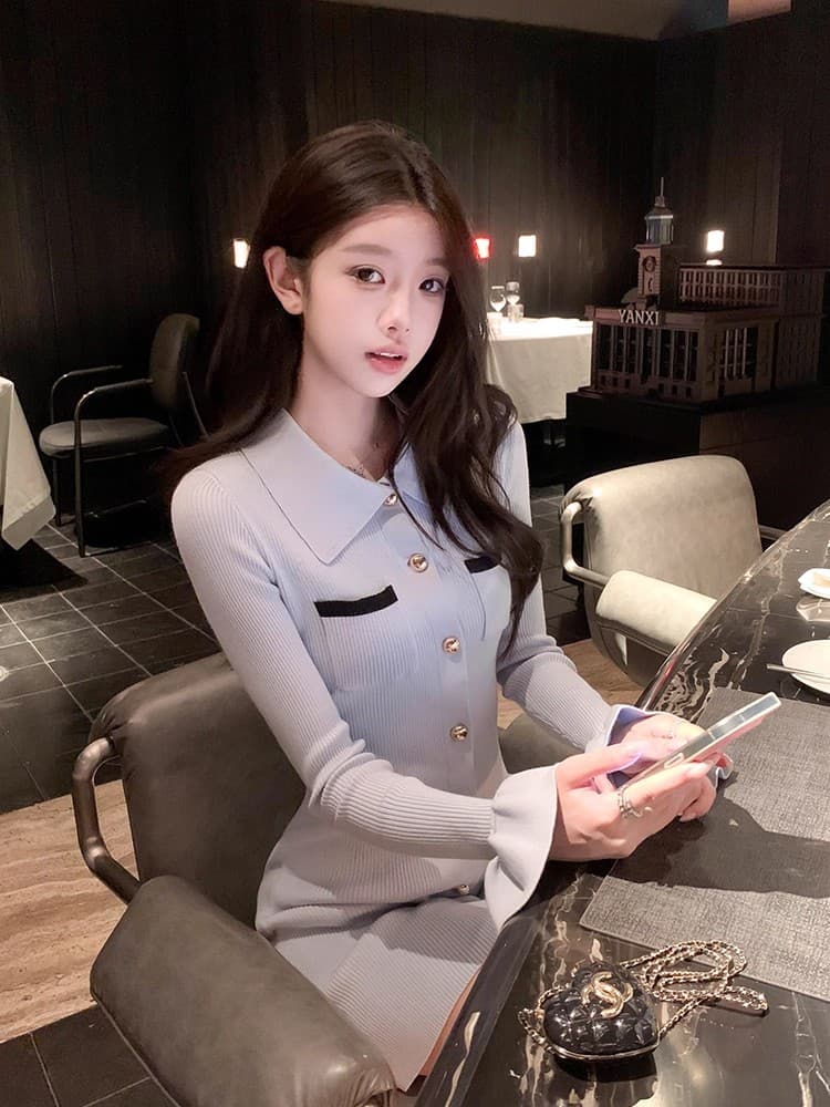 프랑스식 파란색 POLO 칼라 긴팔 니트 여성 드레스 조기 가을 장쑤 저장 및 상하이 천 골드 착용 가져 가라. 타이트 스커트 짧은 치마 상세 이미지 3