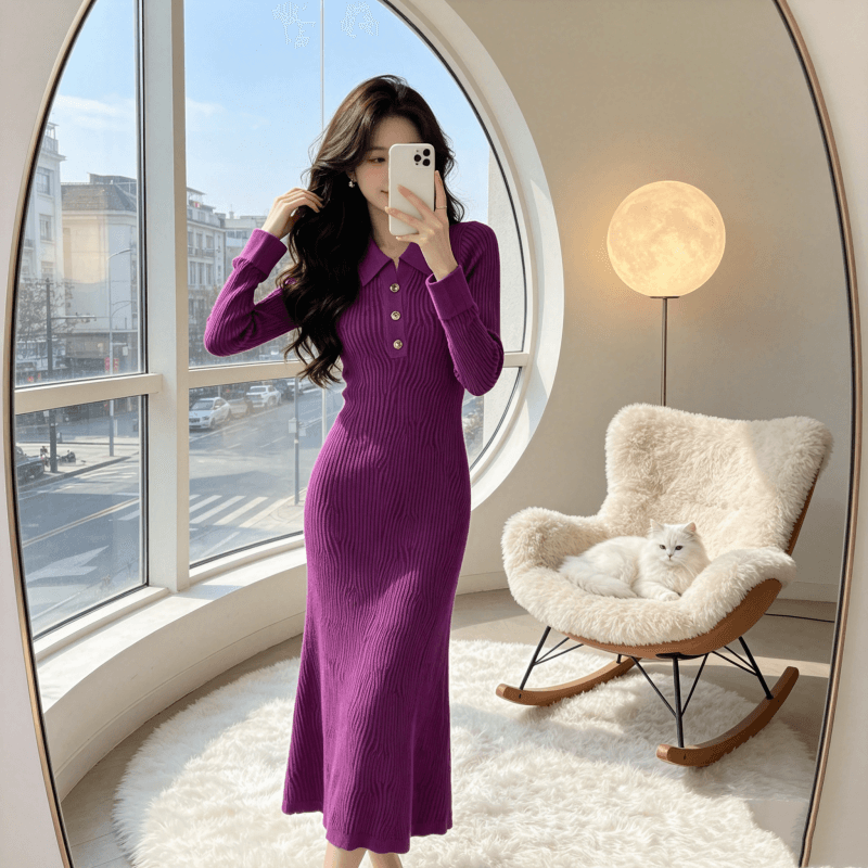 한 부서 작은 샤넬 스타일 품격 니트 드레스 2026 가을 겨울 새로운 다용도 로얄 자매 데이트 만나는 롱 스커트 이미지 5