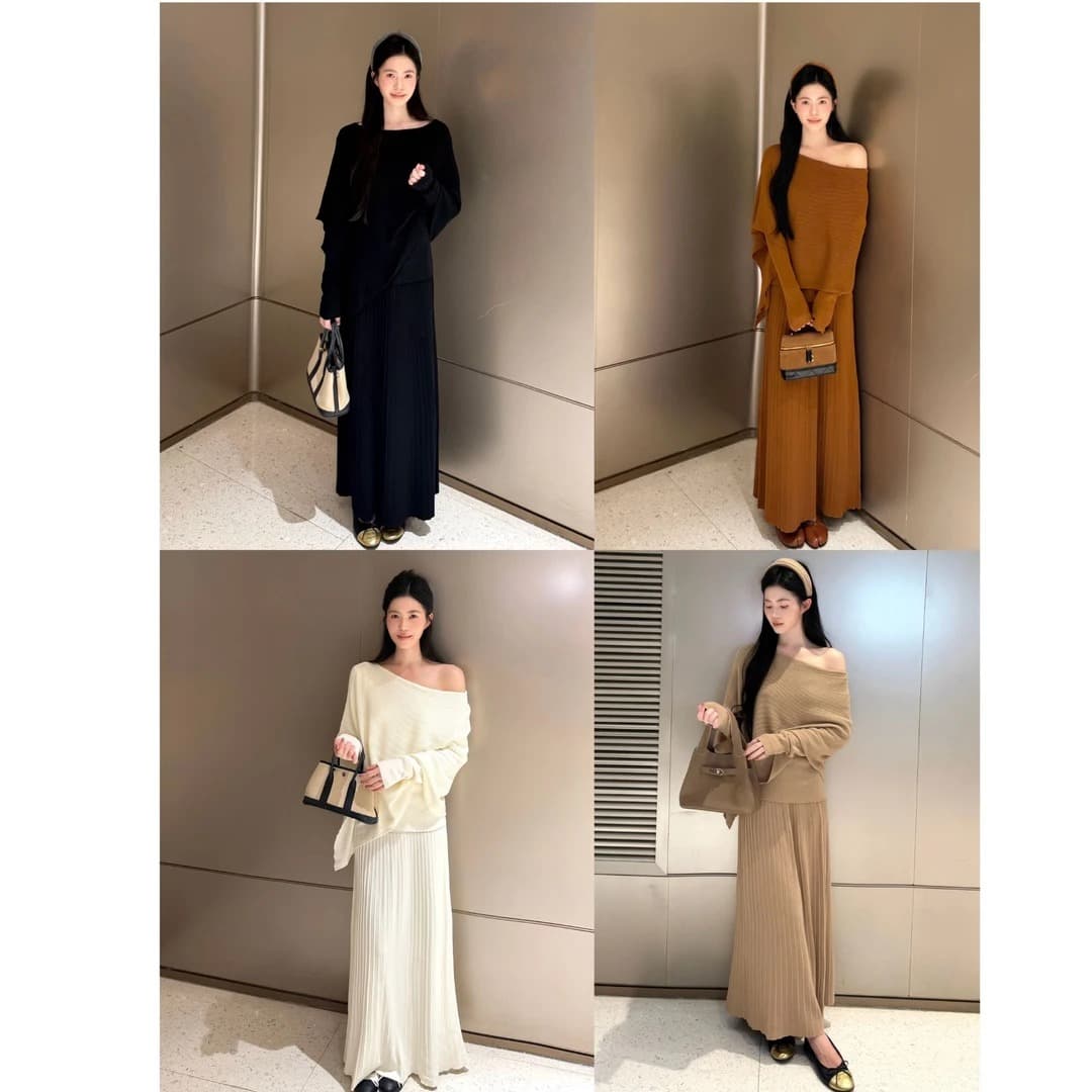 생방송 대 폭발 2026 가을 고급 디자인 센스 슬림해 보이는 망토 숄 페이크 레이어드 니트 반신 치마 세트 이미지 4