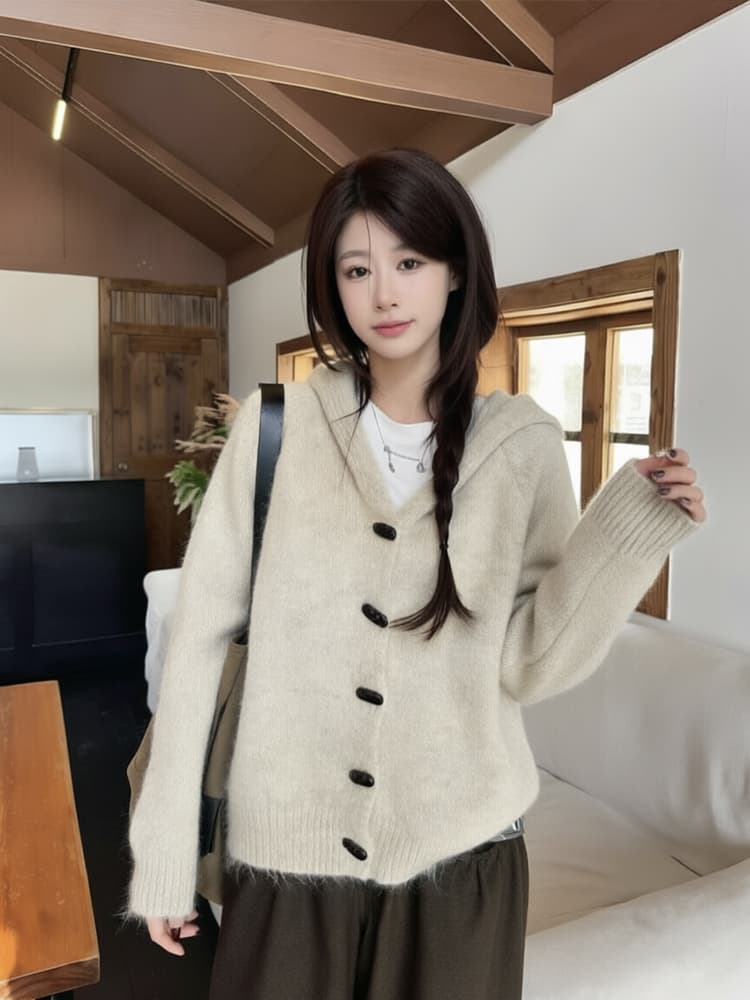 한 부서 소뿔 버클 후드 니트 오픈 가디건 여성 봄 가을 두꺼운 디자인 센스 느긋한 바람 레트로 보온 스웨터 코트 이미지 3