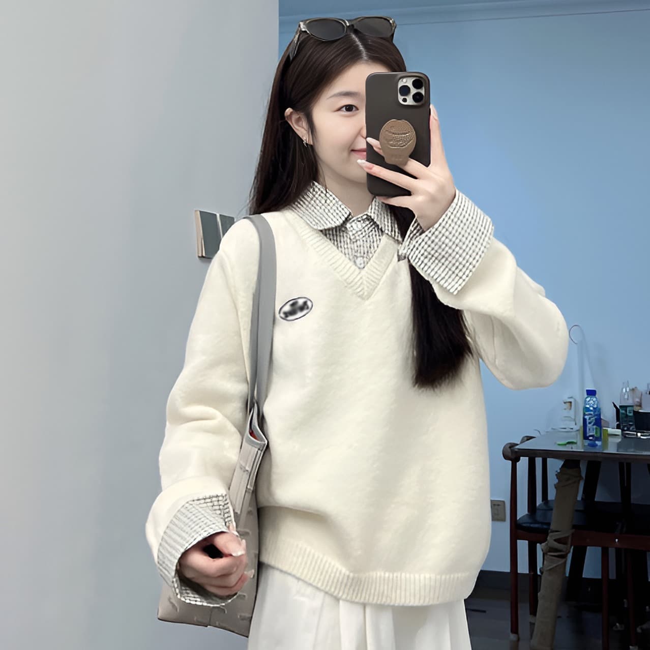 페이크 레이어드 패치워크 체크무늬 POLO 칼라 풀오버 스웨터 여자 가을 겨울철 새로운 루즈핏 느긋한 바람 캐주얼 니트 스웨터