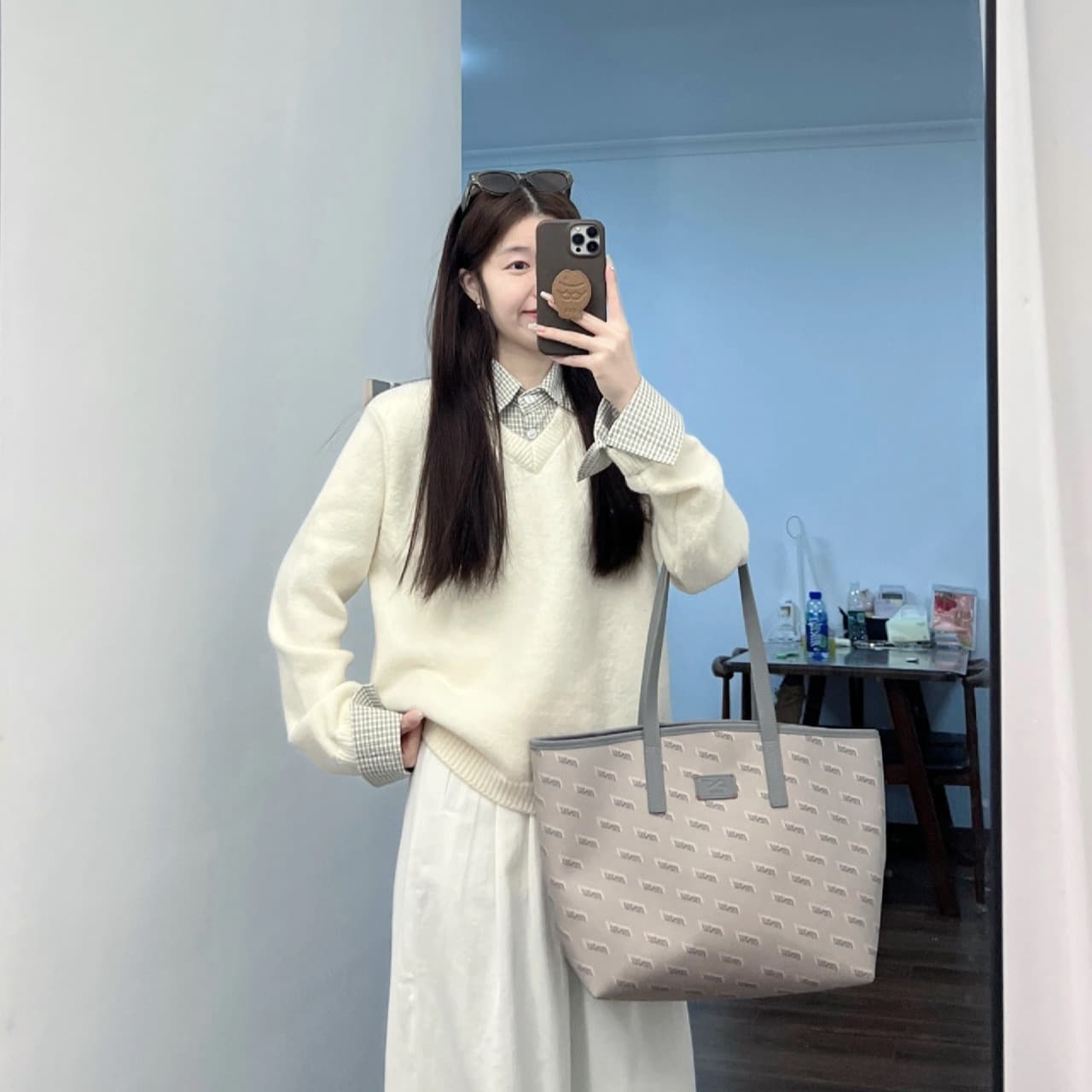 페이크 레이어드 패치워크 체크무늬 POLO 칼라 풀오버 스웨터 여자 가을 겨울철 새로운 루즈핏 느긋한 바람 캐주얼 니트 스웨터 이미지 5
