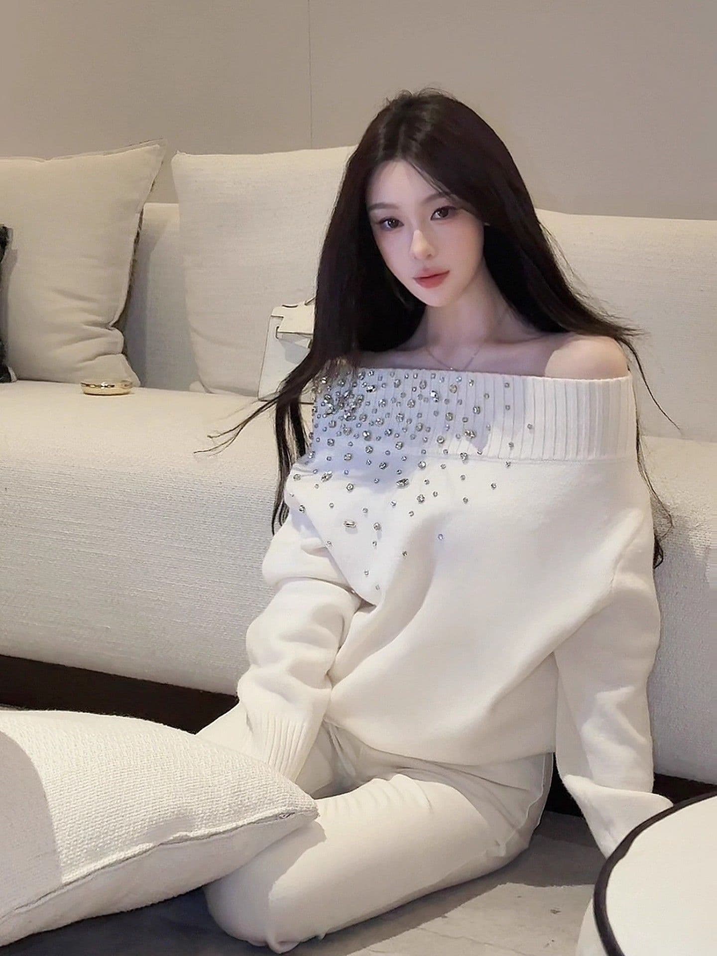 못 훈련 스웨터 스와로브스키 비스듬한 어깨 오프숄더 니트 스웨터 여자 가을 인사이드 가져 가라. 스택 착용 프랑스식 맨위 이미지 4