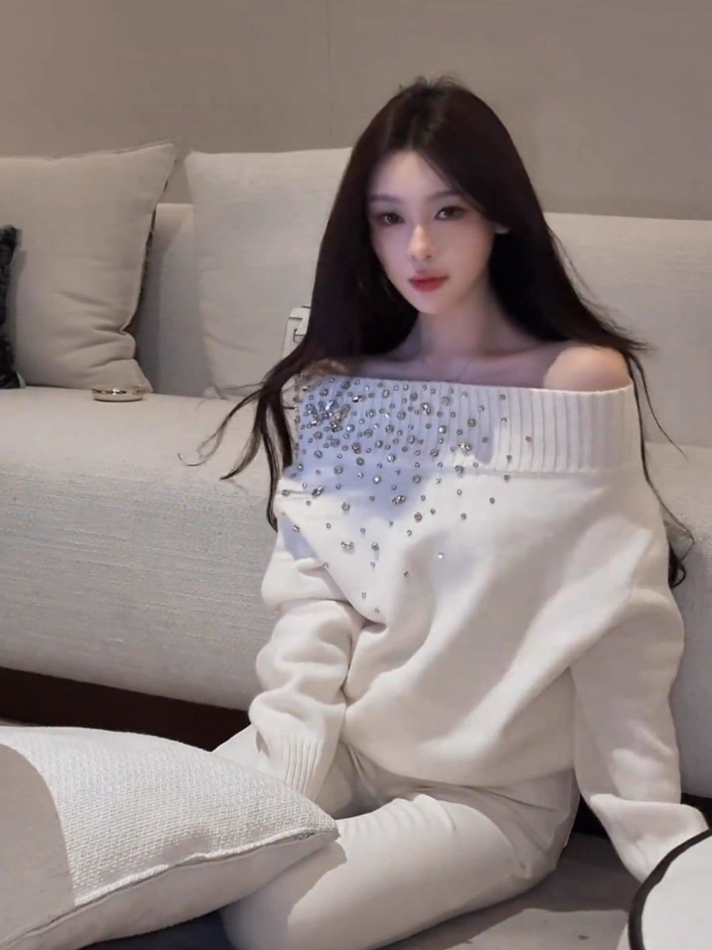 못 훈련 스웨터 스와로브스키 비스듬한 어깨 오프숄더 니트 스웨터 여자 가을 인사이드 가져 가라. 스택 착용 프랑스식 맨위 상세 이미지 4