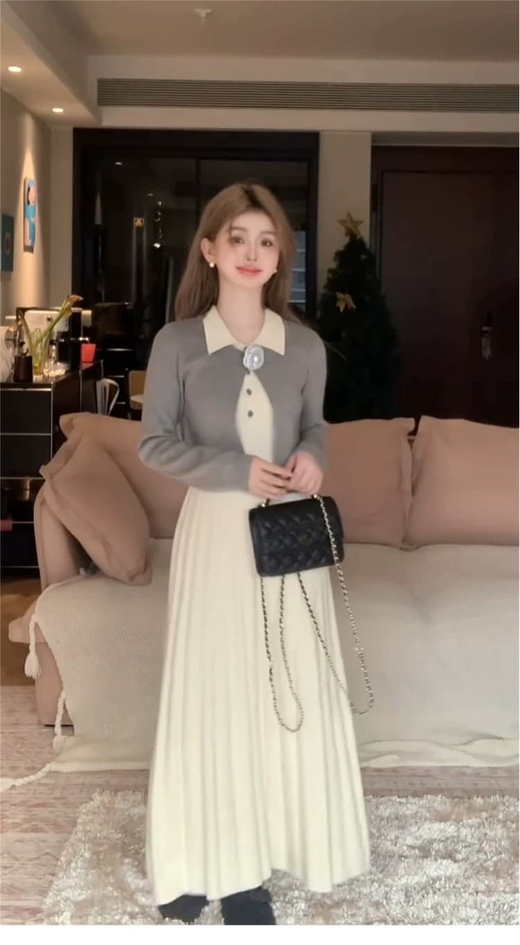 2026 새로운 높음 지혜 센스 miu 부서 인사이드 가져 가라. 니트 드레스 아이들 조기 가을 관대 한 점잖은 롱 스커트 세트 상세 이미지 8