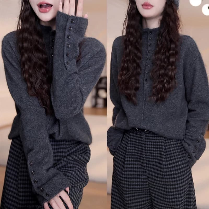 yy studio 회색 반하이넥 스웨터 여자 가을 겨울철 새로운 다용도 풀오버 긴팔 니트 스웨터 상세 이미지 2