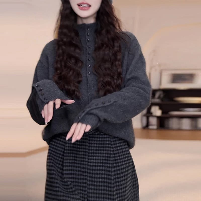 yy studio 회색 반하이넥 스웨터 여자 가을 겨울철 새로운 다용도 풀오버 긴팔 니트 스웨터 상세 이미지 5