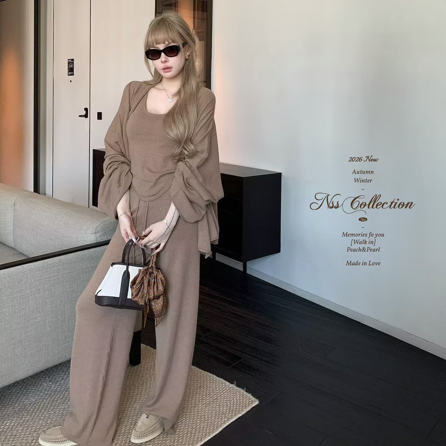 nss collection 빛 사람들 3종 세트 느슨함 센스 조끼 오픈 가디건 와이드 레그 팬츠 느긋한 니트 세트 상세 이미지 1