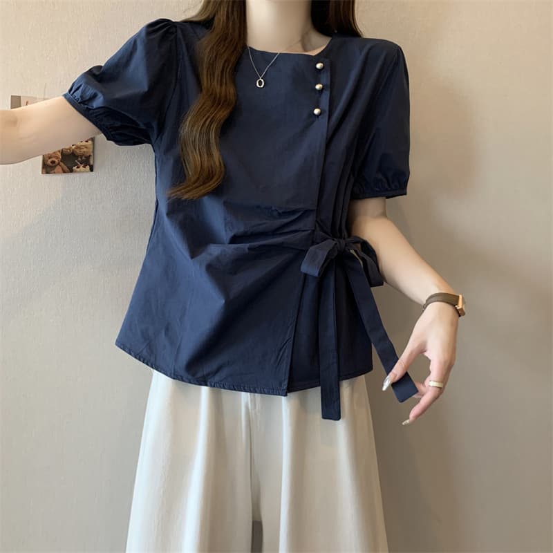 실사 빅 사이즈 여름 새로운 프랑스식 디자인 센스 루즈핏 라운드 넥 레이스업 다용도 슬림해 보이는 반팔 여성 셔츠 상세 이미지 24