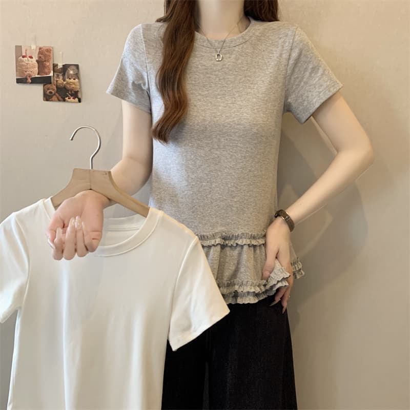 실사 빅 사이즈 여름 새로운 한 부서 발레 바람 레이스 밑단 몸매 가꾸기 슬림해 보이는 반팔 티셔츠 여성 상세 이미지 3