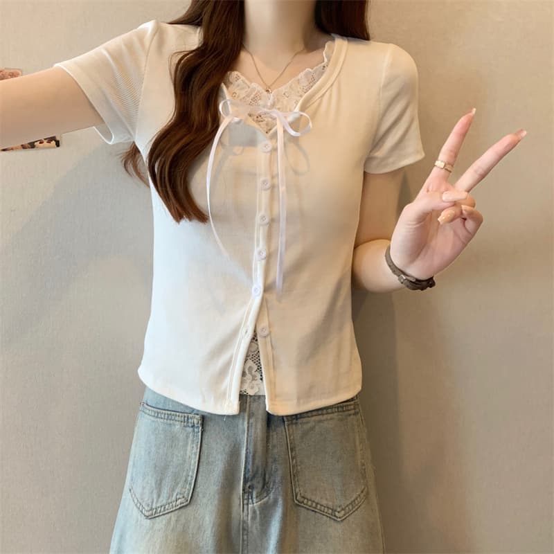 실사 빅 사이즈 여름 지방 mm 한국 스타일 순수한 욕망 레이스 패치워크 색상 단추 몸매 가꾸기 페이크 레이어드 반팔 티셔츠 맨위 여성 상세 이미지 16