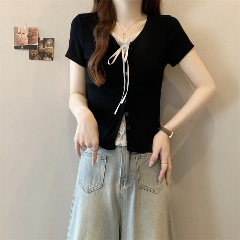 실사 빅 사이즈 여름 지방 mm 한국 스타일 순수한 욕망 레이스 패치워크 색상 단추 몸매 가꾸기 페이크 레이어드 반팔 티셔츠 맨위 여성 상세 이미지 21