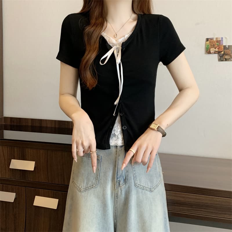 실사 빅 사이즈 여름 지방 mm 한국 스타일 순수한 욕망 레이스 패치워크 색상 단추 몸매 가꾸기 페이크 레이어드 반팔 티셔츠 맨위 여성 상세 이미지 25