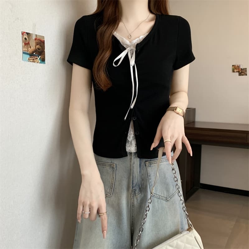 실사 빅 사이즈 여름 지방 mm 한국 스타일 순수한 욕망 레이스 패치워크 색상 단추 몸매 가꾸기 페이크 레이어드 반팔 티셔츠 맨위 여성 상세 이미지 28