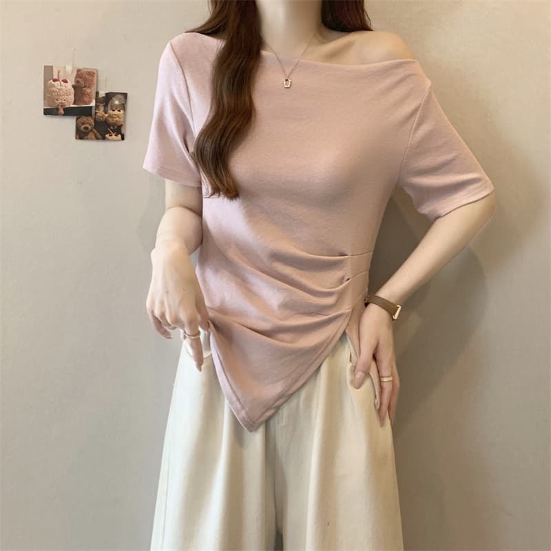 실사 빅 사이즈 여름 새로운 한 부서 부드러운 바람 허리 수축 주름 불규칙 표지 고기 슬림해 보이는 반팔 맨위 여성 상세 이미지 14