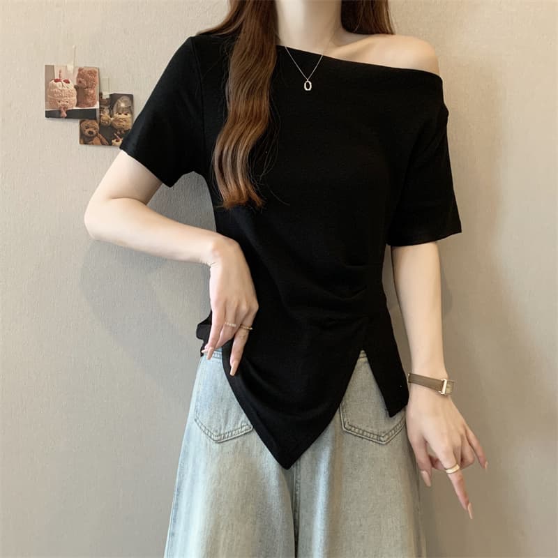 실사 빅 사이즈 여름 새로운 한 부서 부드러운 바람 허리 수축 주름 불규칙 표지 고기 슬림해 보이는 반팔 맨위 여성 상세 이미지 21
