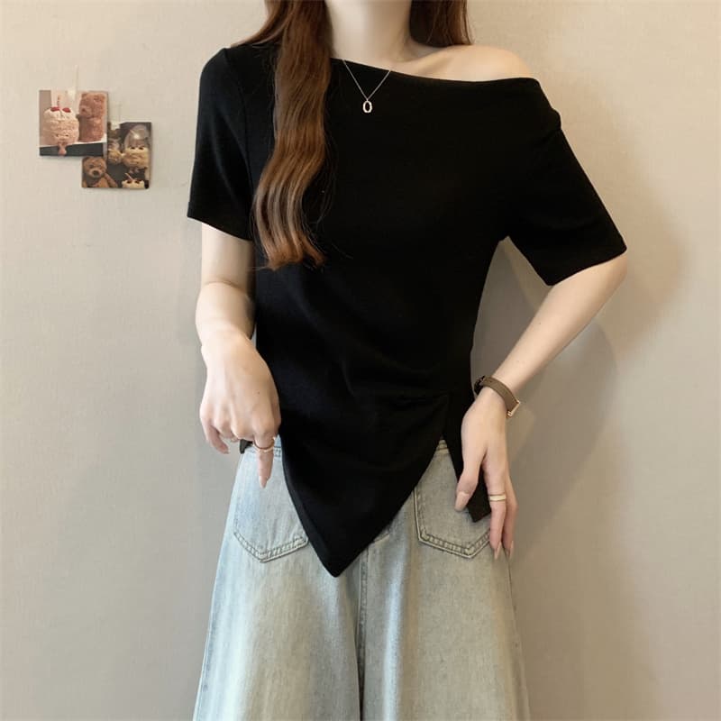 실사 빅 사이즈 여름 새로운 한 부서 부드러운 바람 허리 수축 주름 불규칙 표지 고기 슬림해 보이는 반팔 맨위 여성 상세 이미지 22