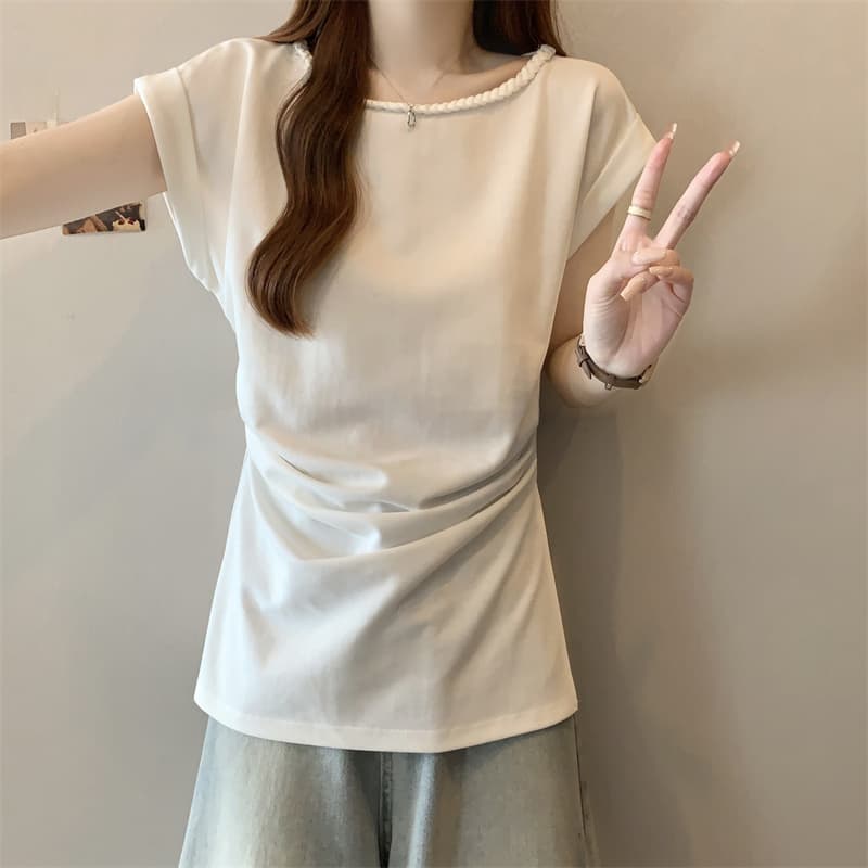 실사 빅 사이즈 여름 디자인 센스 네클라인 짜임 작은 대중 주름 측면 트임 몸매 가꾸기 슬림해 보이는 맨위 여성 상세 이미지 8