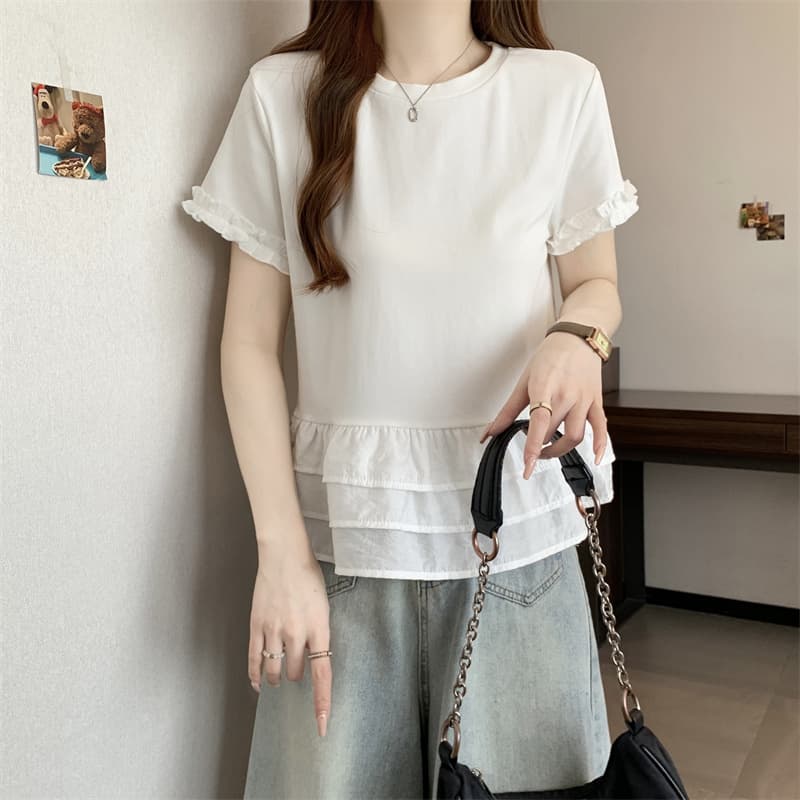 실사 빅 사이즈 여름 한 부서 라운드 넥 패치워크 레이스 달콤함 연령 감소 다용도 슬림해 보이는 반팔 맨위 여성 상세 이미지 12