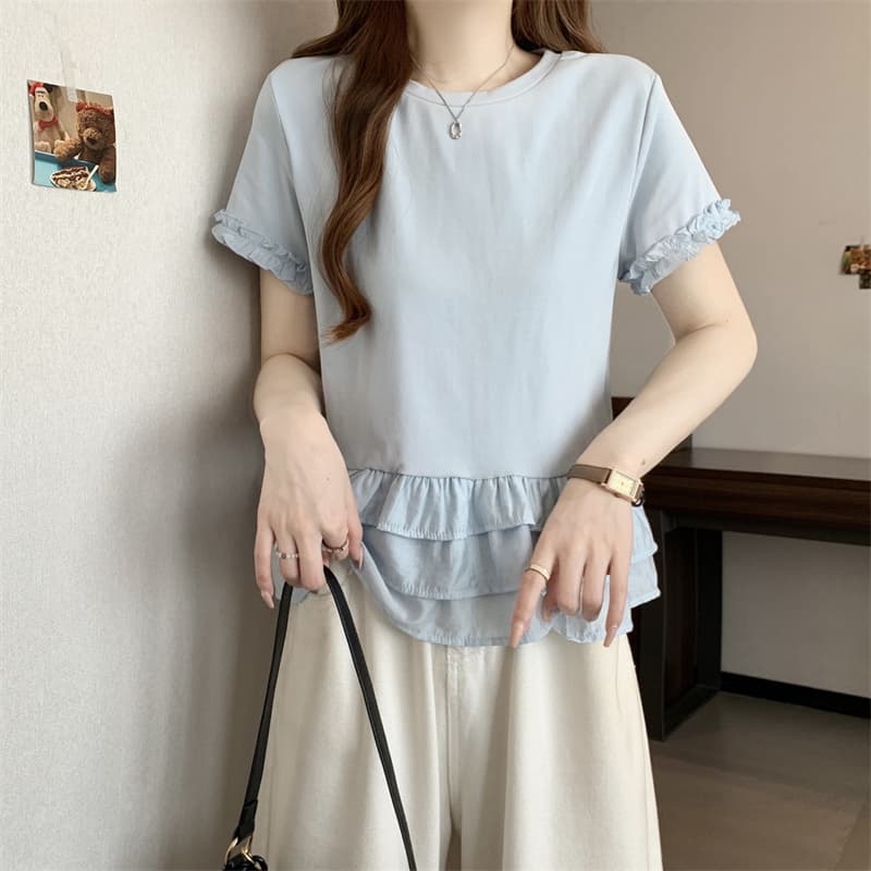 실사 빅 사이즈 여름 한 부서 라운드 넥 패치워크 레이스 달콤함 연령 감소 다용도 슬림해 보이는 반팔 맨위 여성 상세 이미지 20