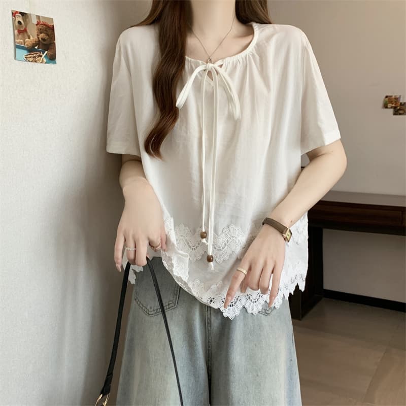 실사 빅 사이즈 여름 부드러운 연령 감소 부서 라운드 넥 외국 가스 달콤함 다용도 레이스 조각 맨위 여성 상세 이미지 12