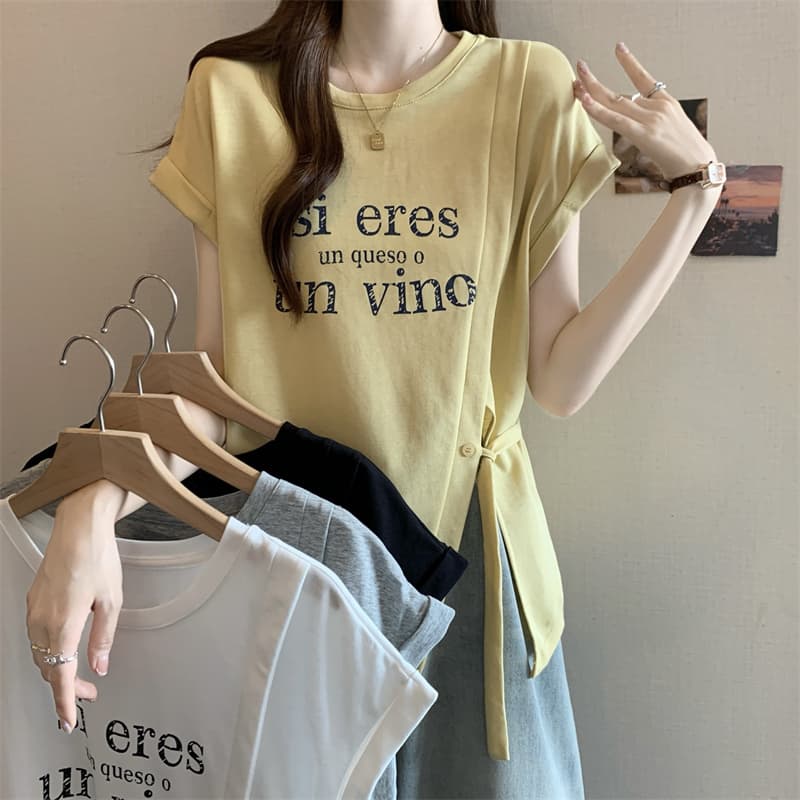 실사 빅 사이즈 여름 새로운 불규칙 알파벳 프린트 루즈핏 레이스업 측면 트임 반팔 티셔츠 맨위 여성 상세 이미지 2
