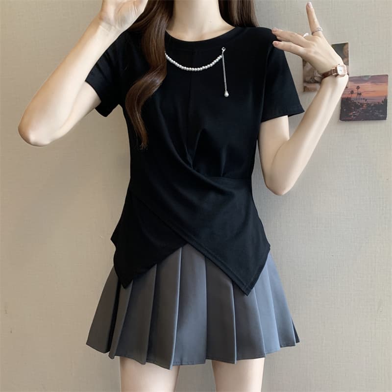 실사 빅 사이즈 여름 한국 스타일 불규칙 라운드 넥 긍정적 인 어깨 다용도 루즈핏 슬림해 보이는 반팔 티셔츠 여성 상세 이미지 24