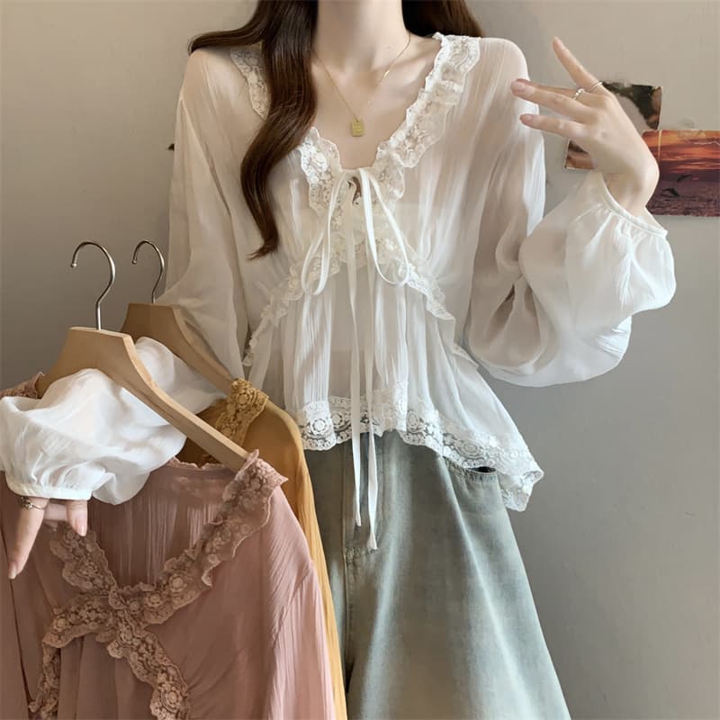 실사 빅 사이즈 프랑스식 품격 레이스 레이스 V넥 레이스업 거품 소매 쉬폰 블라우스 맨위 여성 이미지 2