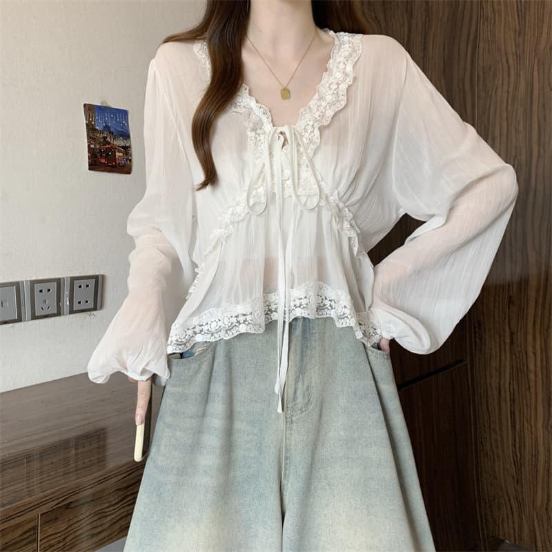 실사 빅 사이즈 프랑스식 품격 레이스 레이스 V넥 레이스업 거품 소매 쉬폰 블라우스 맨위 여성 이미지 5