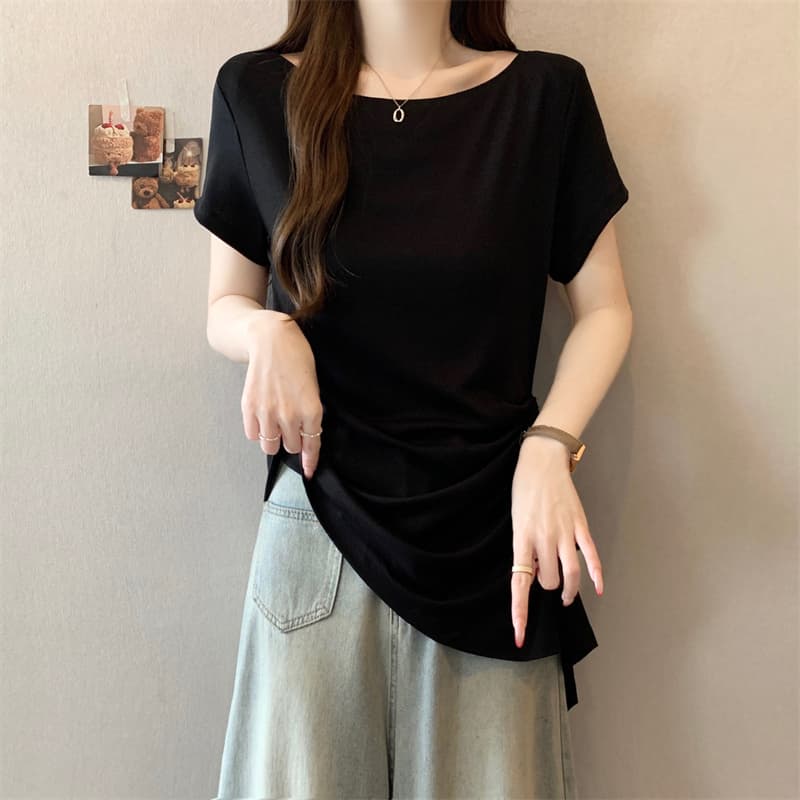 실사 빅 사이즈 여름 한 부서 불규칙 표지 배 디자인 센스 허리 수축 슬림해 보이는 다용도 반팔 맨위 여성 상세 이미지 23