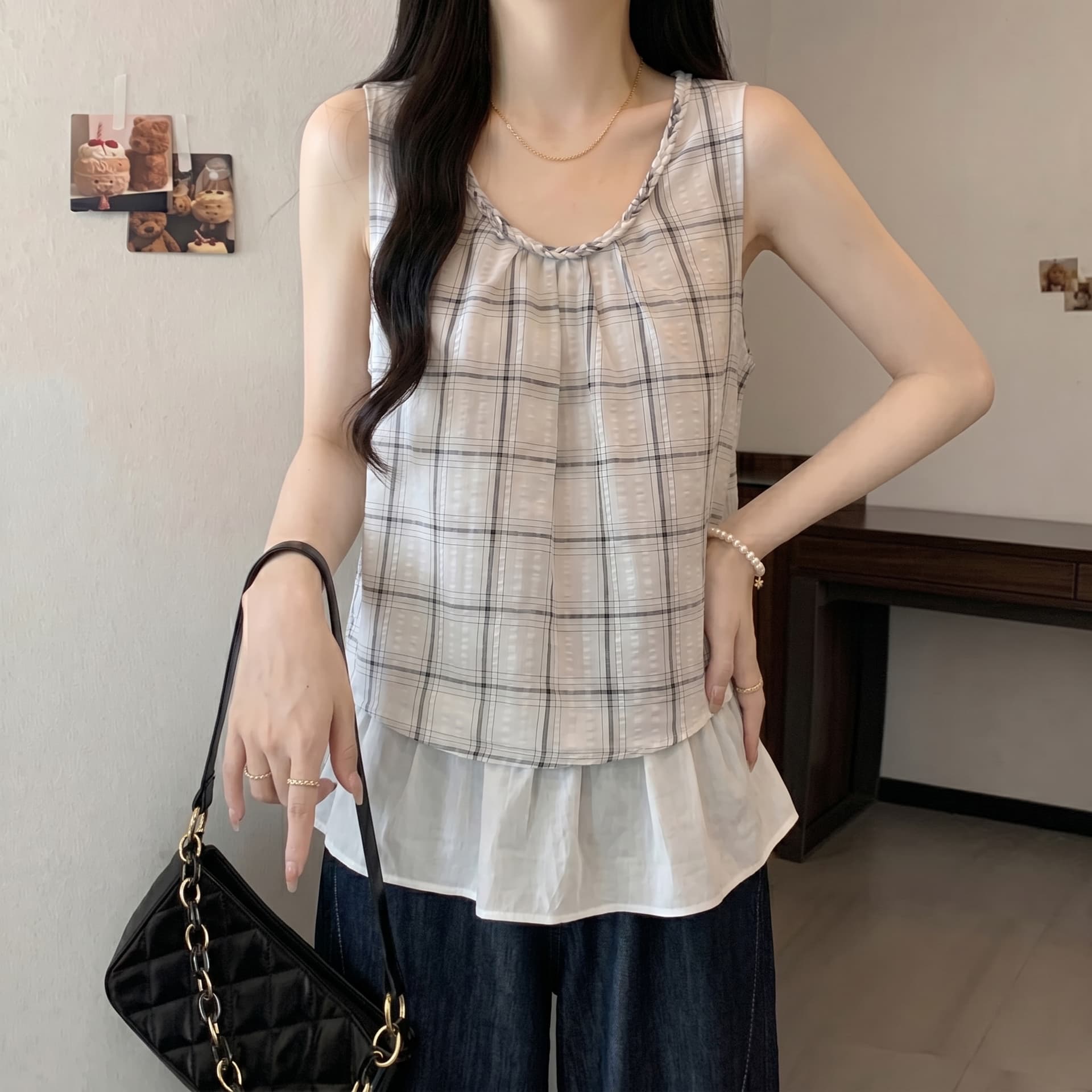 실사 빅 사이즈 여름 페이크 레이어드 체크무늬 패치워크 디자인 센스 품격 연령 감소 조끼 맨위 여성 이미지 3