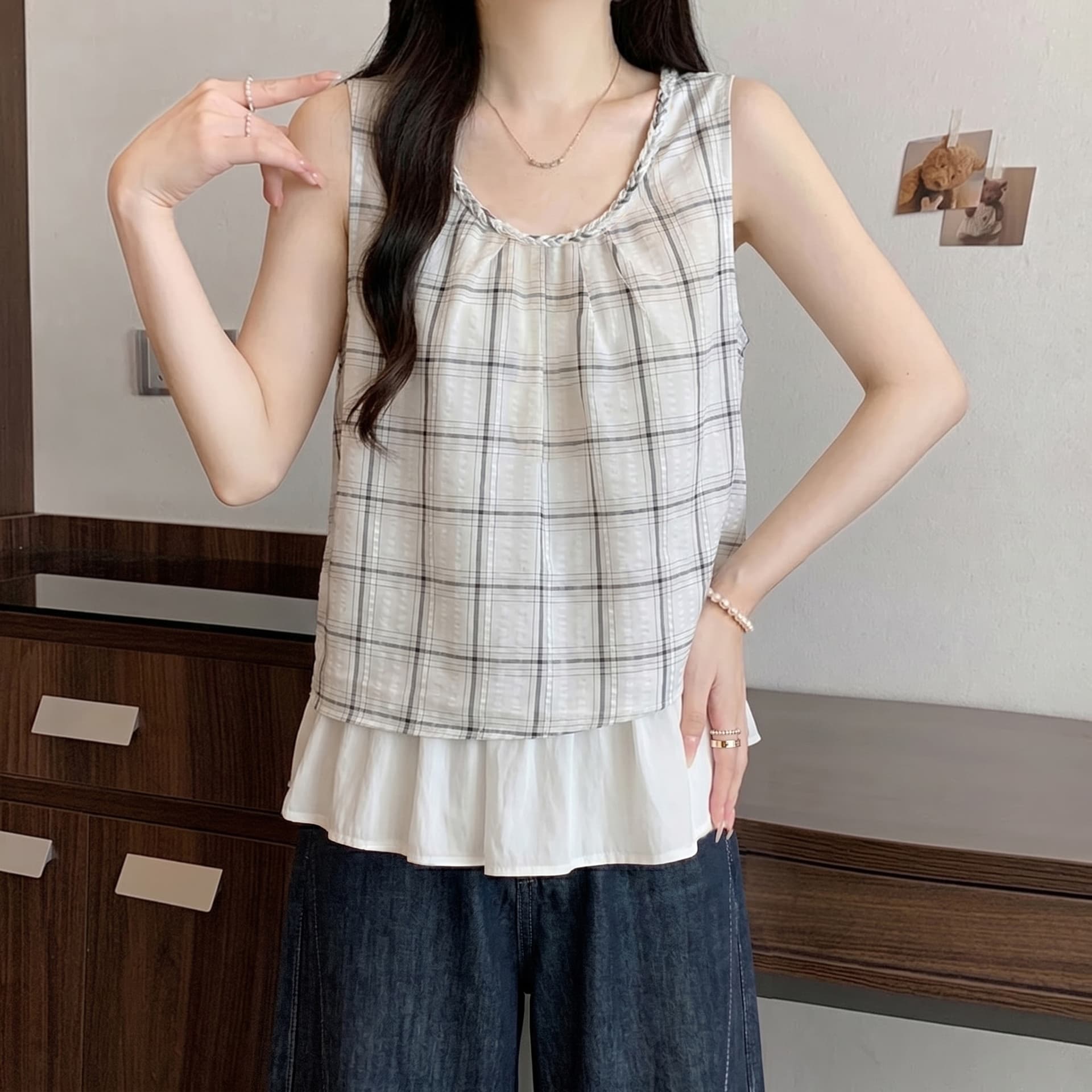 실사 빅 사이즈 여름 페이크 레이어드 체크무늬 패치워크 디자인 센스 품격 연령 감소 조끼 맨위 여성 이미지 5