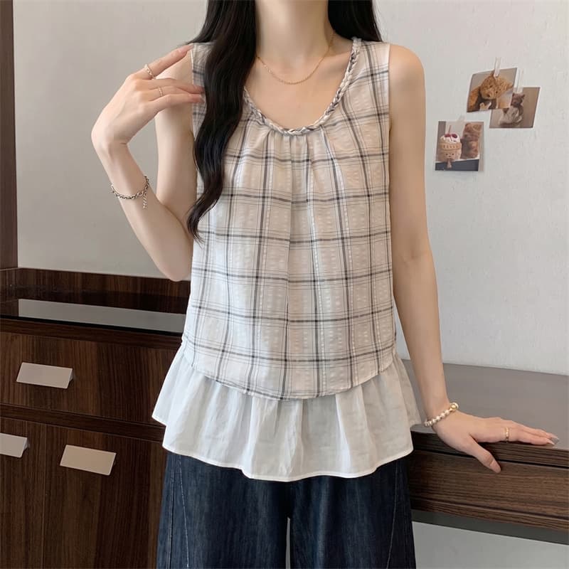 실사 빅 사이즈 여름 페이크 레이어드 체크무늬 패치워크 디자인 센스 품격 연령 감소 조끼 맨위 여성 상세 이미지 3