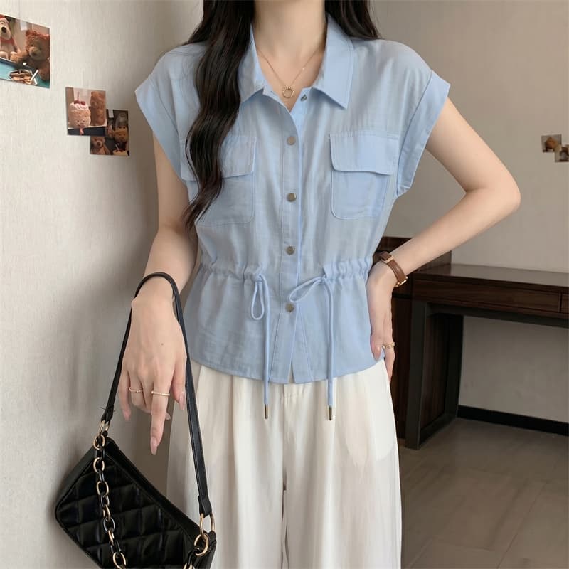 실사 빅 사이즈 여름 새로운 한 부서 폴로 칼라 Chic 허리 수축 슬림해 보이는 펌프 로프 워크웨어 맨위 여성 이미지 5