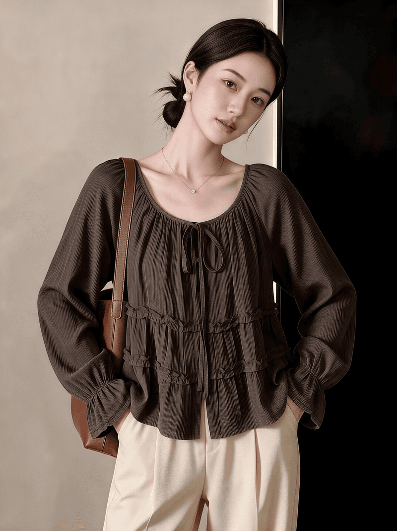 실사 빅 사이즈 가을 새로운 프랑스식 부드러운 바람 프릴 라운드 넥 레이스업 연령 감소 인형 셔츠 긴팔 맨위 이미지 4