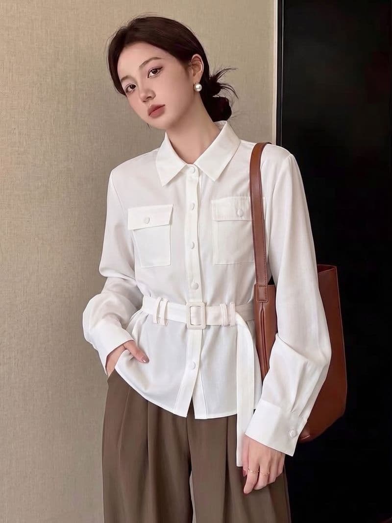 실사 빅 사이즈 가을 새로운 디자인 센스 POLO 칼라 레이스업 허리 수축 다용도 긴팔 여성 셔츠