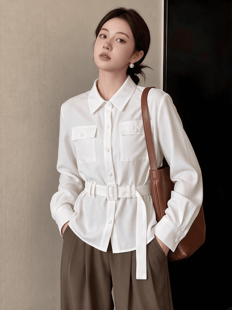 실사 빅 사이즈 가을 새로운 디자인 센스 POLO 칼라 레이스업 허리 수축 다용도 긴팔 여성 셔츠 이미지 3