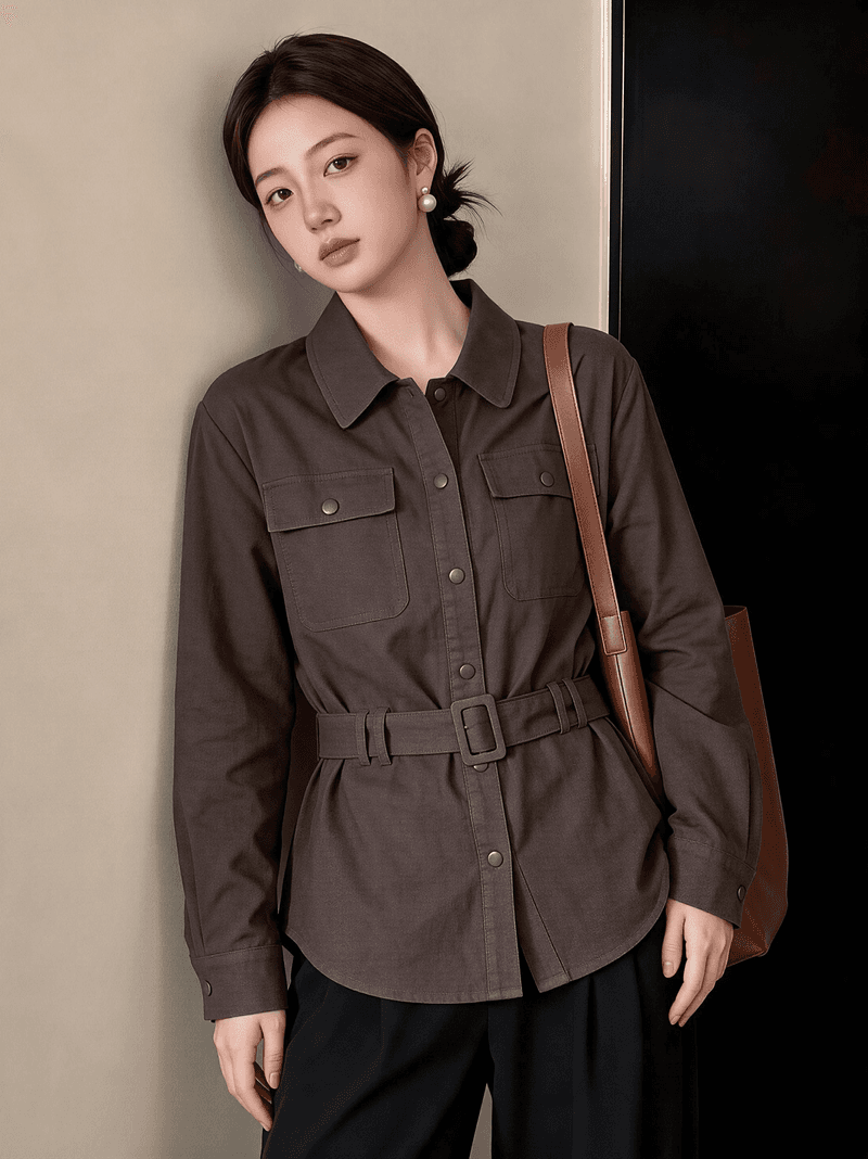 실사 빅 사이즈 가을 새로운 디자인 센스 POLO 칼라 레이스업 허리 수축 다용도 긴팔 여성 셔츠 이미지 4